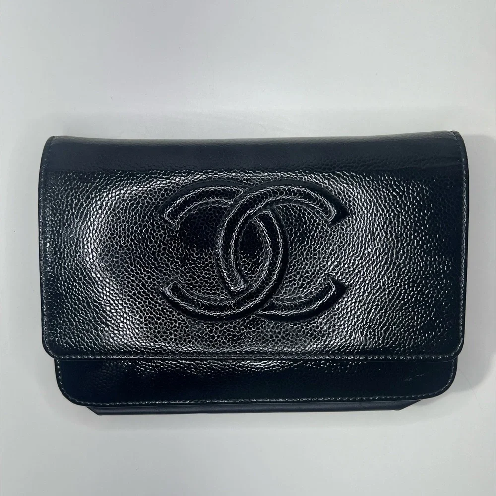 CHANEL | Black Patent Caviar Leather Wallet on Chain